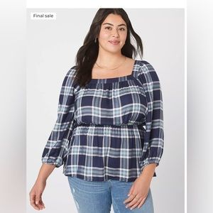 Lane Bryant Classic Square Medium Sleeve Peplum Plaid Top